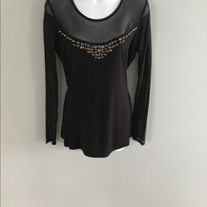 Boston Proper Black Sheer and Vintage Rhinestone Long Sleeve Top
